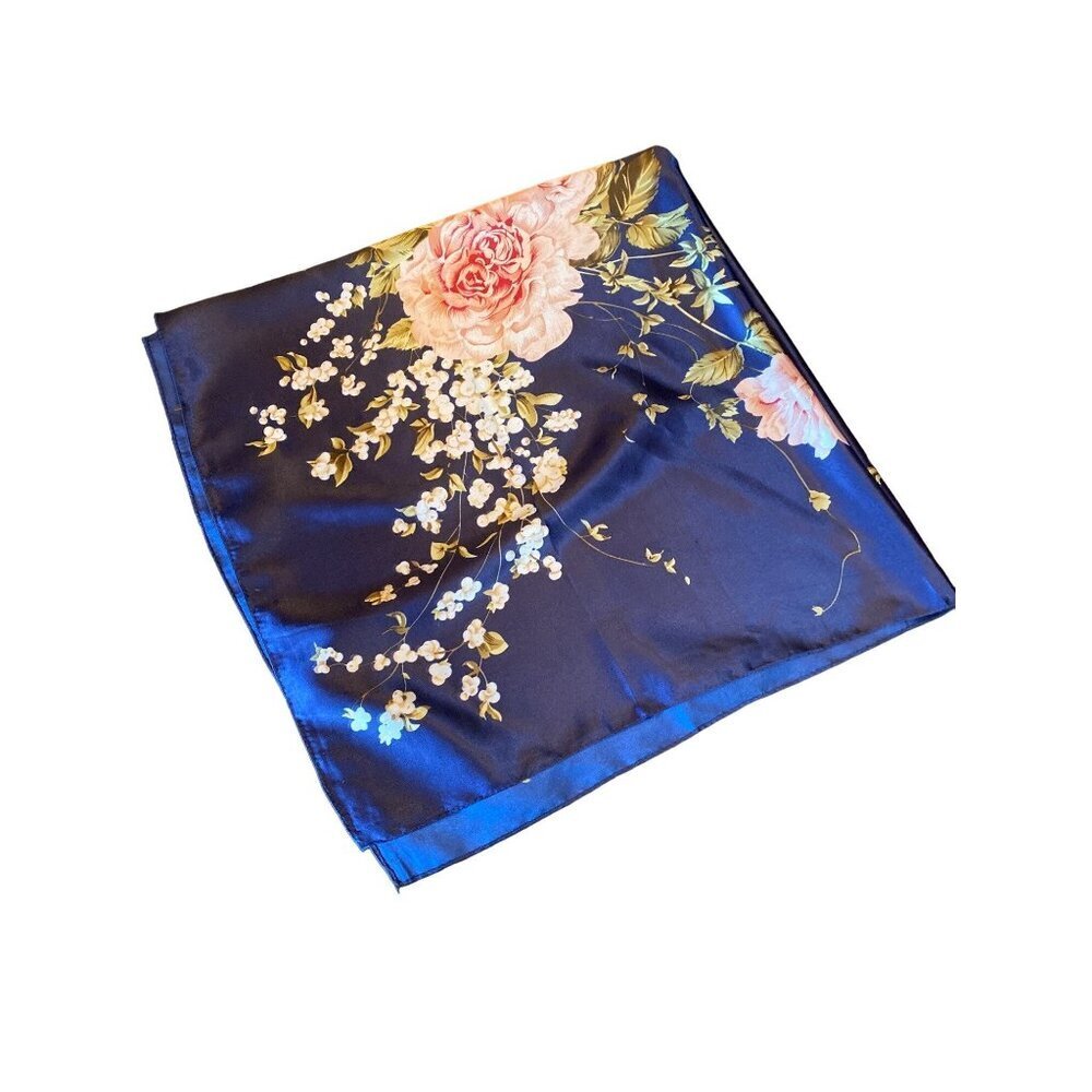 Navy Blue Silk Pink Peony Floral Silk Scarf - Picture 6 of 6